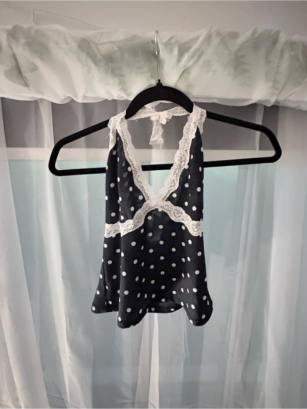 Women's charcoal blue Polka Dot Lace-Trim Halter Top
